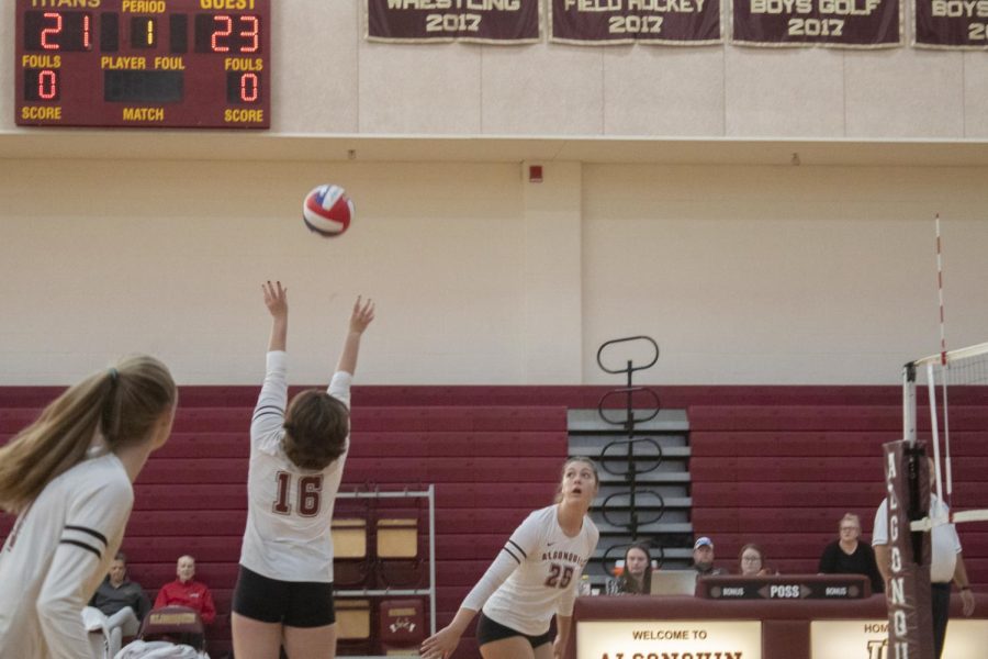 Junior Ava Arcona sets the ball during the Girls Volleyball CMASS finals against Wachusett on Oct. 29. Algonquin won the game 3-0.