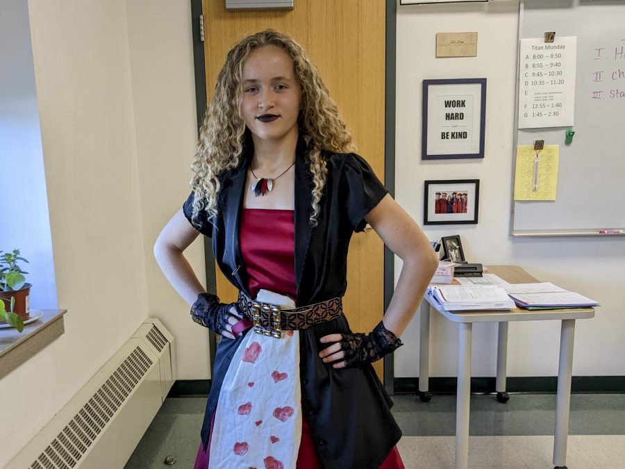 Freshman Lana Ingerslev, dressed as the Queen of Broken hearts, displays her fashion sense on Halloween.