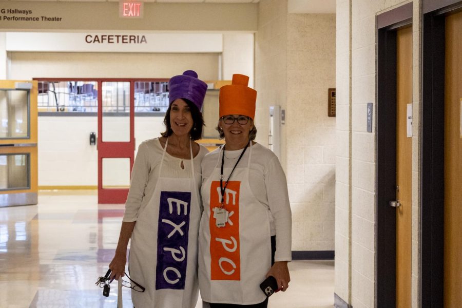 Math teachers Eileen Cronin and Elizabeth Dore dress up as EXPO markers for Halloween.
