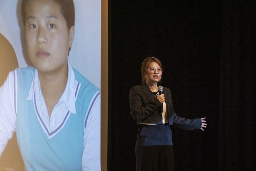 Guest speaker Grace Jo talks about the hardships of her childhood in North Korea at an assembly on Feb. 7.