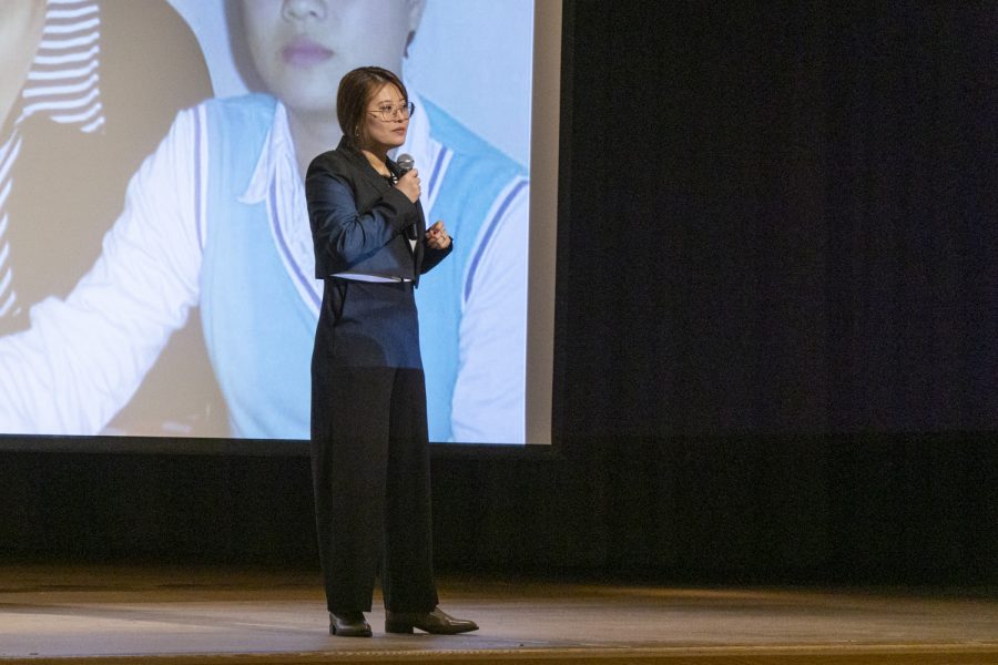 Guest speaker Grace Jo talks about the hardships of her childhood in North Korea at an assembly on Feb. 7.