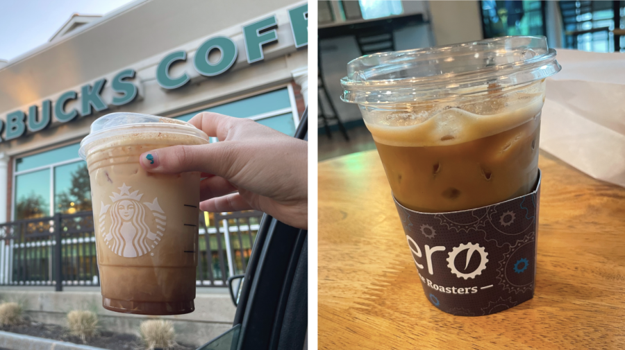 Staff+Writer+Sarah+Coldwell+compares+the+Brown+Sugar+Shaken+Espressos+from+both+Starbucks+and+Aero+Coffee+Roasters.