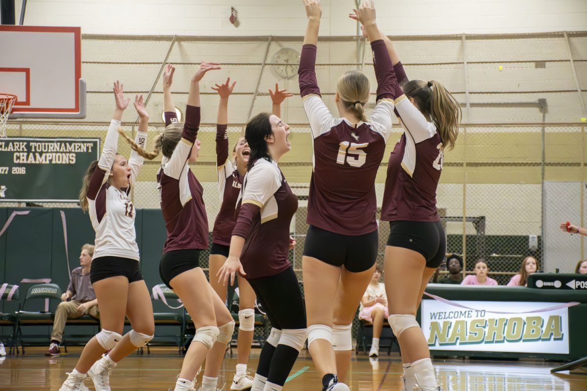 Algonquin+girls+volleyball+celebrates+a+roof+against+Nashoba+on+Oct.+6.