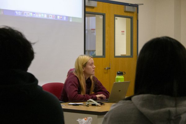 Senior Lizzie Connolly, student council president, leads the Student Council meeting on Oct. 26, 2023.
