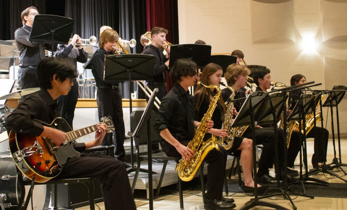 Students perform with the Jazz I band, conducted by Fine and Performing Arts teacher Eric Vincent, at the Fall Instrumental Concert on Nov. 1, 2023.