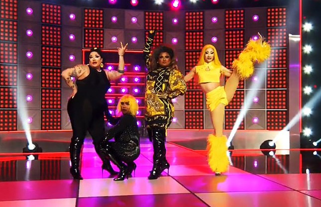 RuPauls Drag Race contestants Megami, Mhiya Iman LePaige, Geneva Karr, and Nymphia Wind (right to left) perform in their lipsync performance of A.S.M.R. Lover by RuPaul.