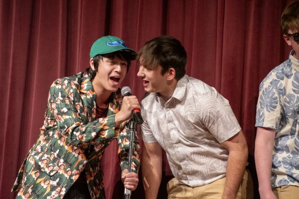 Juniors Dylan Brown and Kelvin Crispo perform with their group at Algonquins Got Talent on March 21. The group includes juniors Dominic Frallicciardi, Colin Kearney, Ned Carlsen and Jonah Gould performing an a cappella set to Pompeii by Bastille.