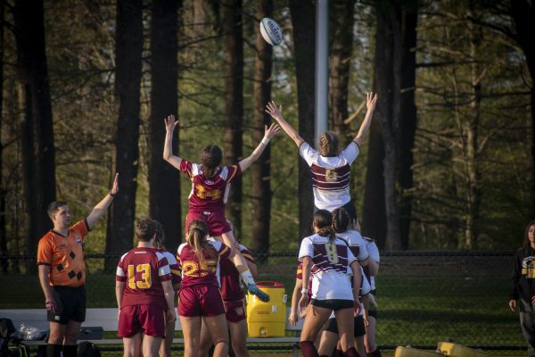 Algonquin junior Niamh McLaughlin is lifted to receive a lineout during a winning game against Weymouth on May 3.