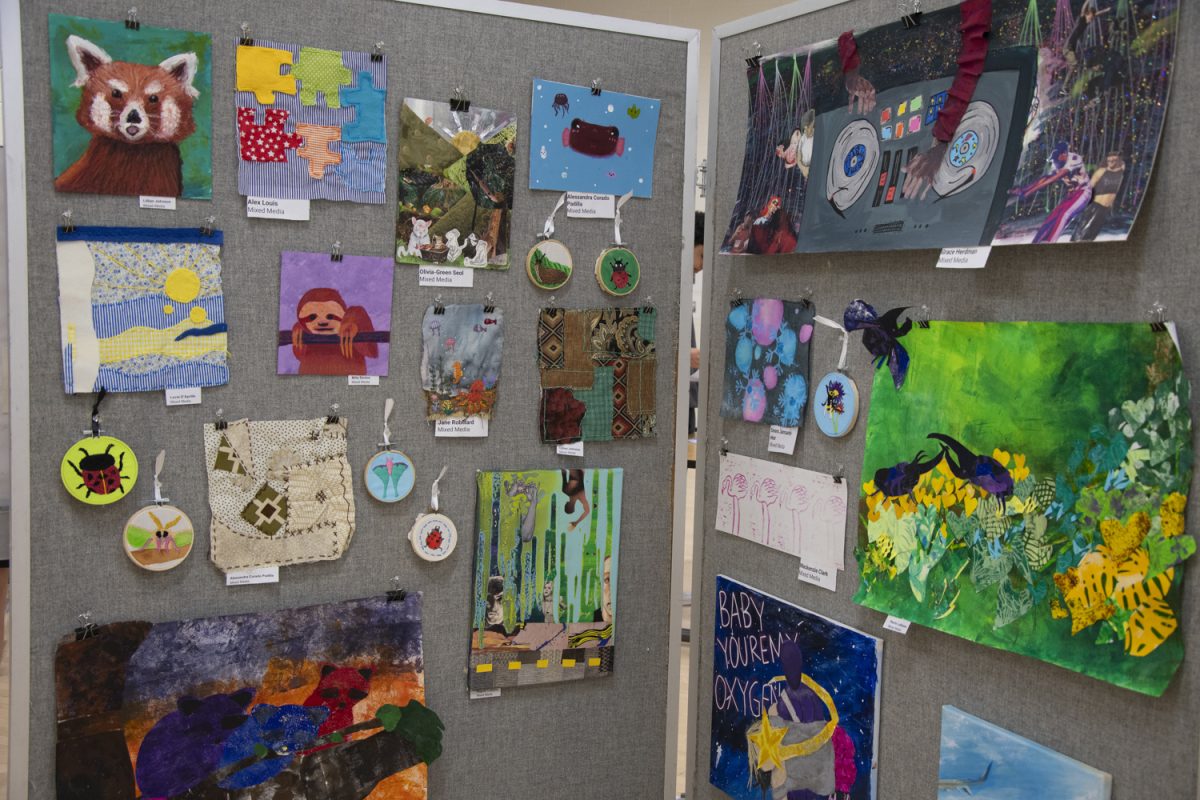 Mixed Media artists display their art during the Art Show on May 16. The Art Show showcases artists from the 2023-2024 year at Algonquin, incorporating work from students in Photo 1 and 2, Photojournalism, AP Art, Ceramics 1 and 2, and more.