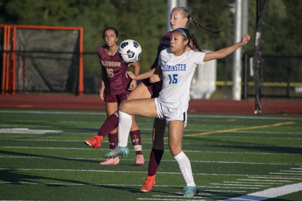 Sophomore Rebecca Palmer (5) tries to steal the ball from a Leominster opponent during a 4-0 win for Algonquin on Sept. 10.