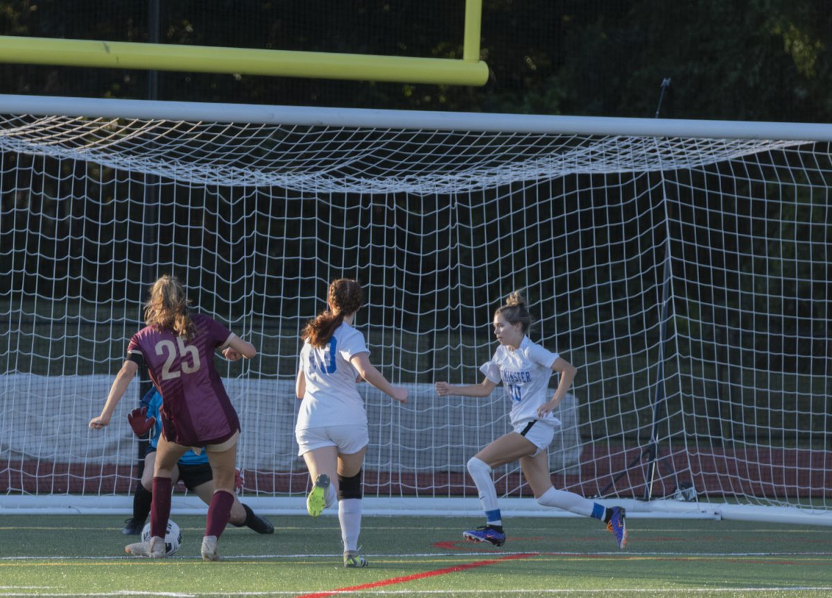 Senior captain Katie Richmond scores the first goal of the game. Algonquin wins 4-0 against Leominster, accumulating three more goals after Richmond's.