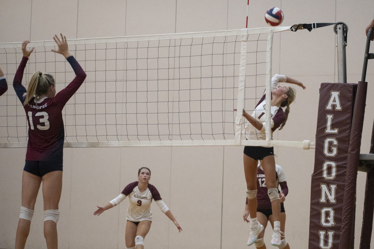 Against Westborough on Sept. 17, senior Grace Chiota (right) spikes the ball.