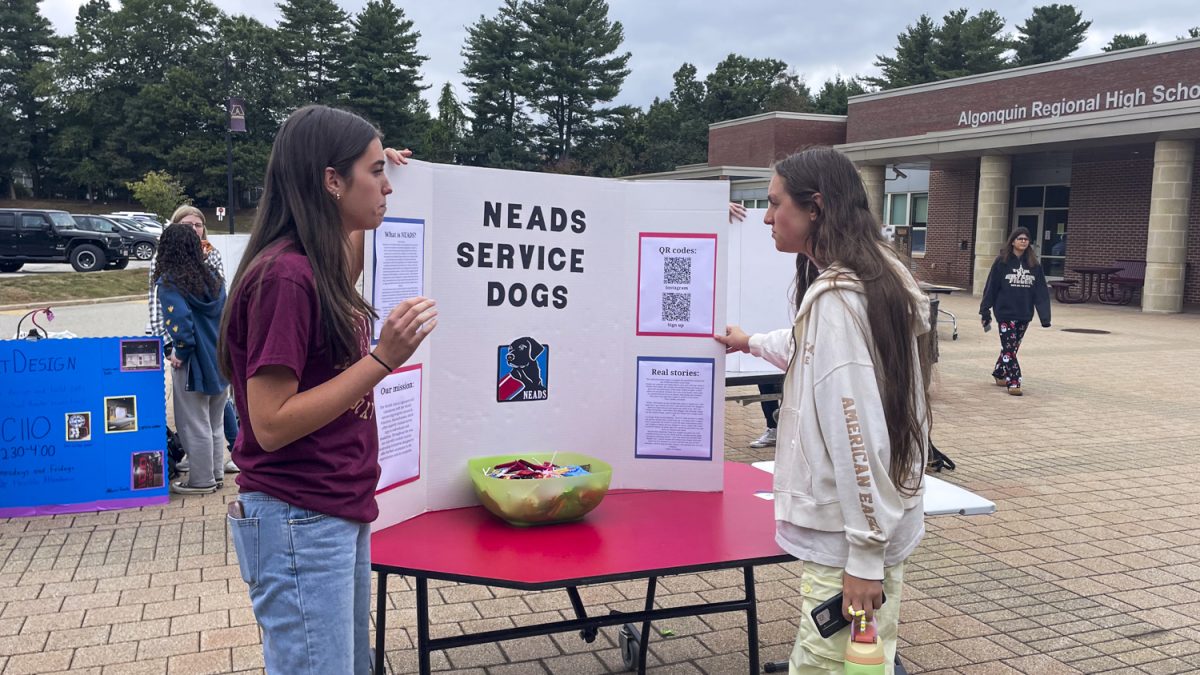 At the Club Extravaganza, freshman Evie Cage listens to junior Laurel Congdon-Hohman talk about the NEADS Service Dogs Club.