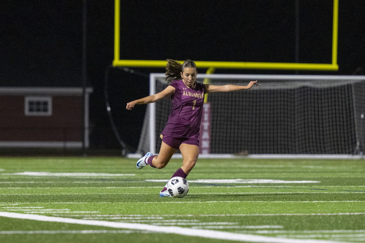 During their 3-1 win against Westborough on Sept. 24, junior Lily Dumont (1) prepares to kick the ball.