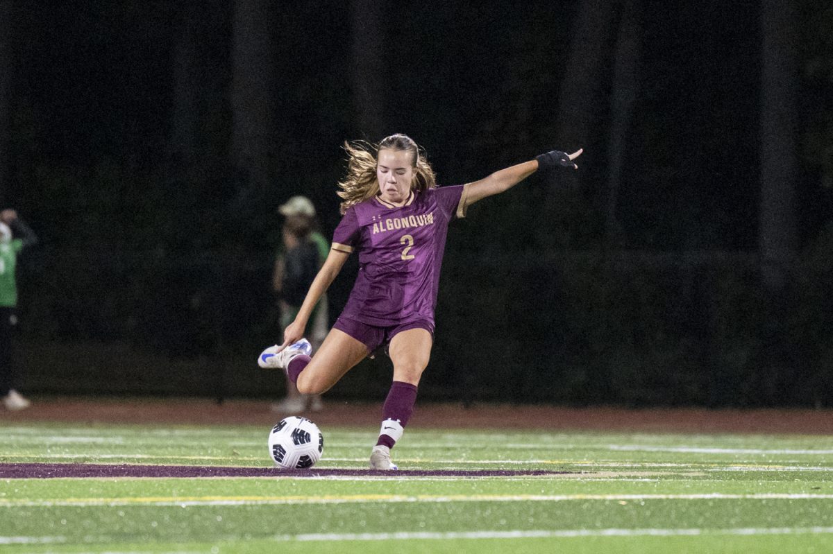 Junior Ella Timmins (2) kicks the ball up the field during the girls' soccer win on Sept. 24.