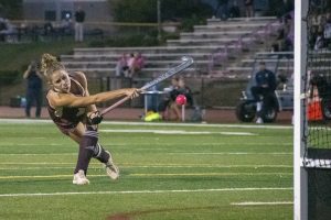 At their 2-0 winning game against Shrewsbury, senior Lindsey Brown shoots the ball, scoring the first goal of the game on Oct. 2.