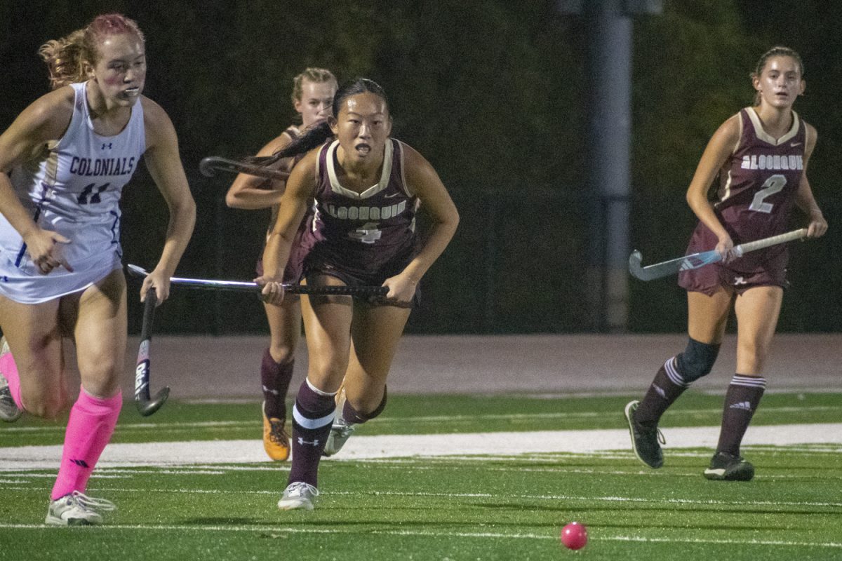 At their 2-0 winning game against Shrewsbury, senior Meredith Wu runs for the ball on Oct. 2.