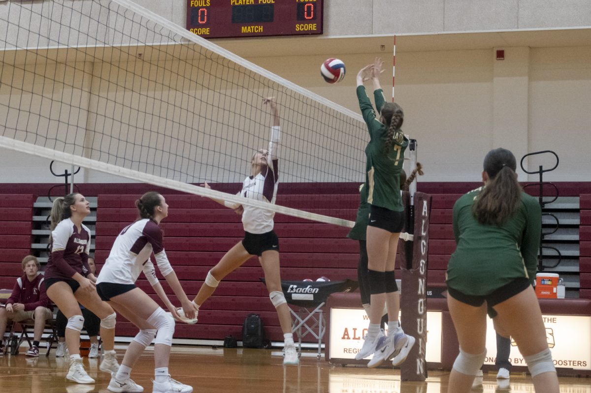 During Oct. 4's 3-0 win for Algonquin, senior Grace Chiota (1) tips the ball over the net.