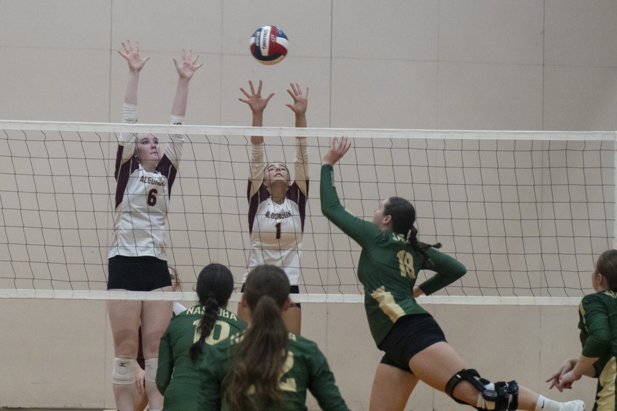 In Algonquin's 3-0 victory on Oct. 4, senior captains Katy O'Connell (left) and Grace Chiota (right) jump to block the ball.