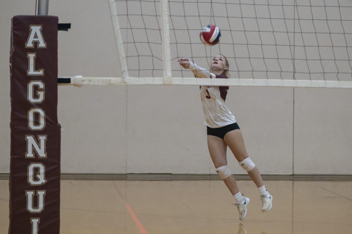 Senior Ella Gamache (3) jumps to bump the ball on Oct. 4 at Algonquin's 3-0 win.