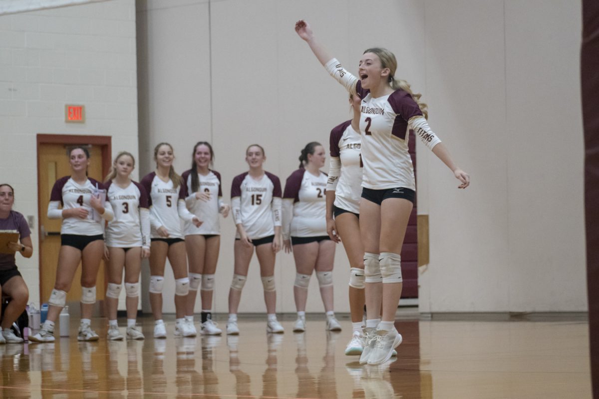 In Algonquin's 3-0 victory on Oct. 4, senior Sadie O'Connell (2) jumps up when Nashoba drops the ball, gaining a point for Algonquin.