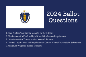 There are five ballot questions on the Massachusetts 2024 Election Day, Nov. 5, concerning state policies on audits, education, labor rights, psychedelics and tipping standards.