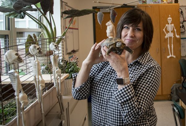 Science teacher Lori Mott holds her tortoise, Frank. The tortoise, popular among classes, provides joy to many faculty and students as well as helping with creative scientific education. 