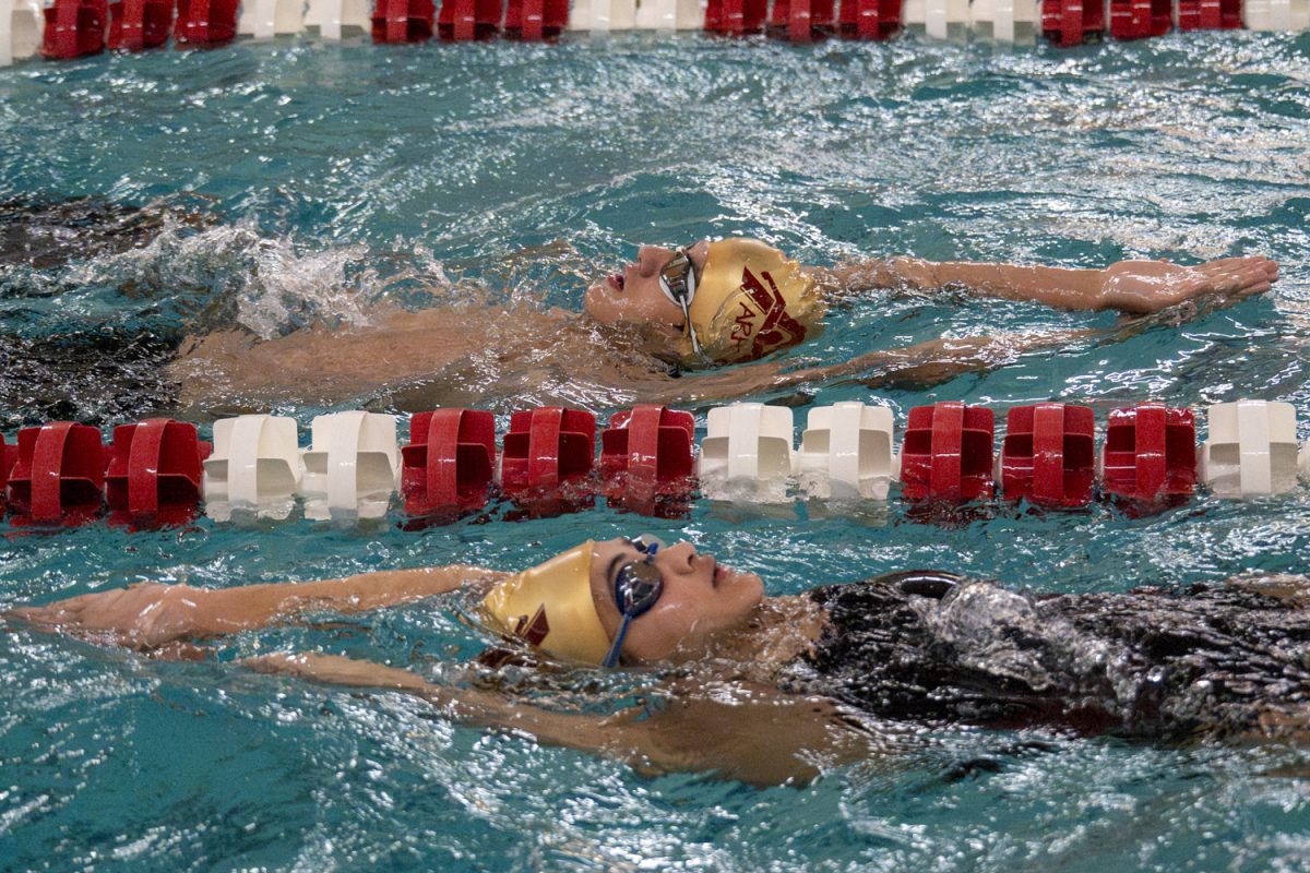 During warm ups on Jan. 2, sophomore Johnathan Ribeiro and freshman Bhavana Heggadahalli swim the backstroke. Both Algonquin's girls' and boys' teams win against Shrewsbury.