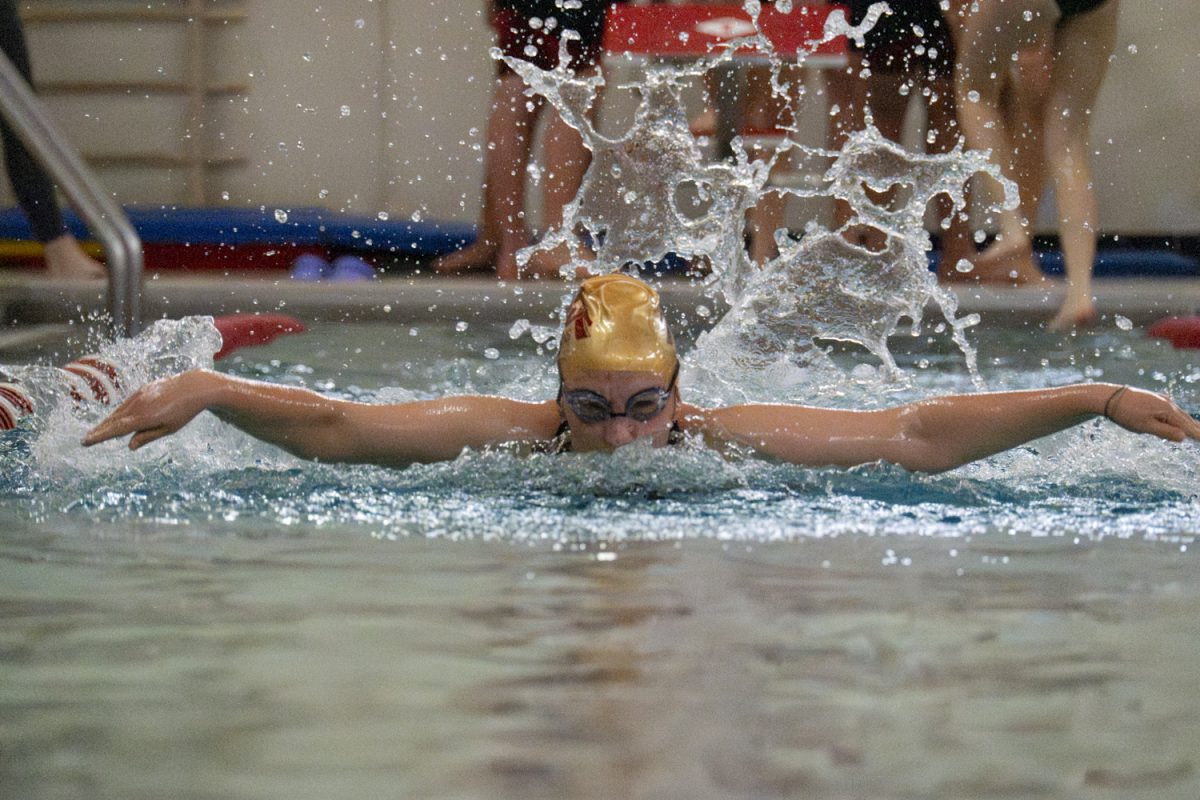 During the first event of the meet, junior Daria Stadnik swims the butterfly, third in the running order for Algonquin. The Algonquin girls' swim and dive team wins 96-76 against Shrewsbury.