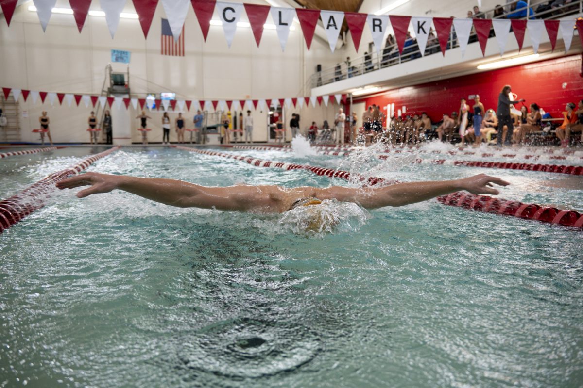 Junior Simon Linden swims the 100m butterfly race during the second heat of the race. The Algonquin boys' swim and dive team wins 101-72 during the Jan. 2 meet against Shrewsbury.