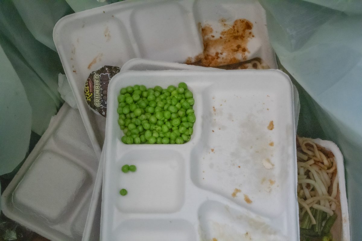 Multiple trays of green peas pile up in the Algonquin compost bin on Jan. 9.