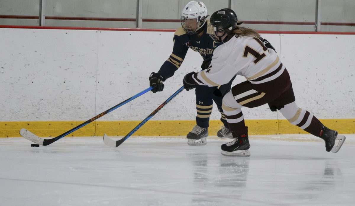 During the Jan. 13 girls' hockey game at the New England Sports Center, senior Lauren O’Malley fights against her opponent from Shrewsbury High School.