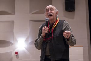 Holocaust survivor Jack Trompetter speaks to the junior class during an in-school assembly in the auditorium. Trompetter talked about his time as a young Jewish boy during the Holocaust, recalling his furthest back memories.