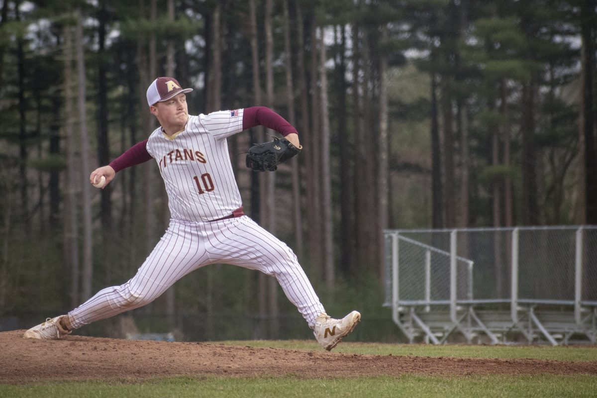 Senior captain Owen Ellsworth pitches against Westborough on April 11. Algonquin won 3-1 against Westborough.