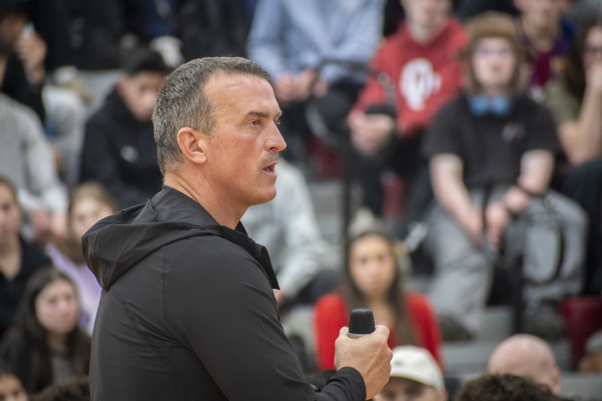 Chris Herren, a former NBA player and motivational speaker, addresses Algonquin students in his presentation on April 17. “I wish I cared enough about myself and my family to tell my friends, ‘no,'" Herren said. “I wish I walked out of this talk, went to the guidance counselor office, looked at that woman and said to her… ‘I don’t even like who I am anymore.'"