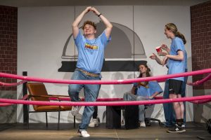 During the "Party Quirks" skit in the Spring Improv show on May 15, senior Ben Kahn is convinced he is a prima ballerina. Junior Ty Moran tries to guess the party quirks of her friends. Senior Henry Hart has a valley girl accent, freshman Julia Daloisio sneezes with her eyes open and junior Liah Biran thinks she is a fish.