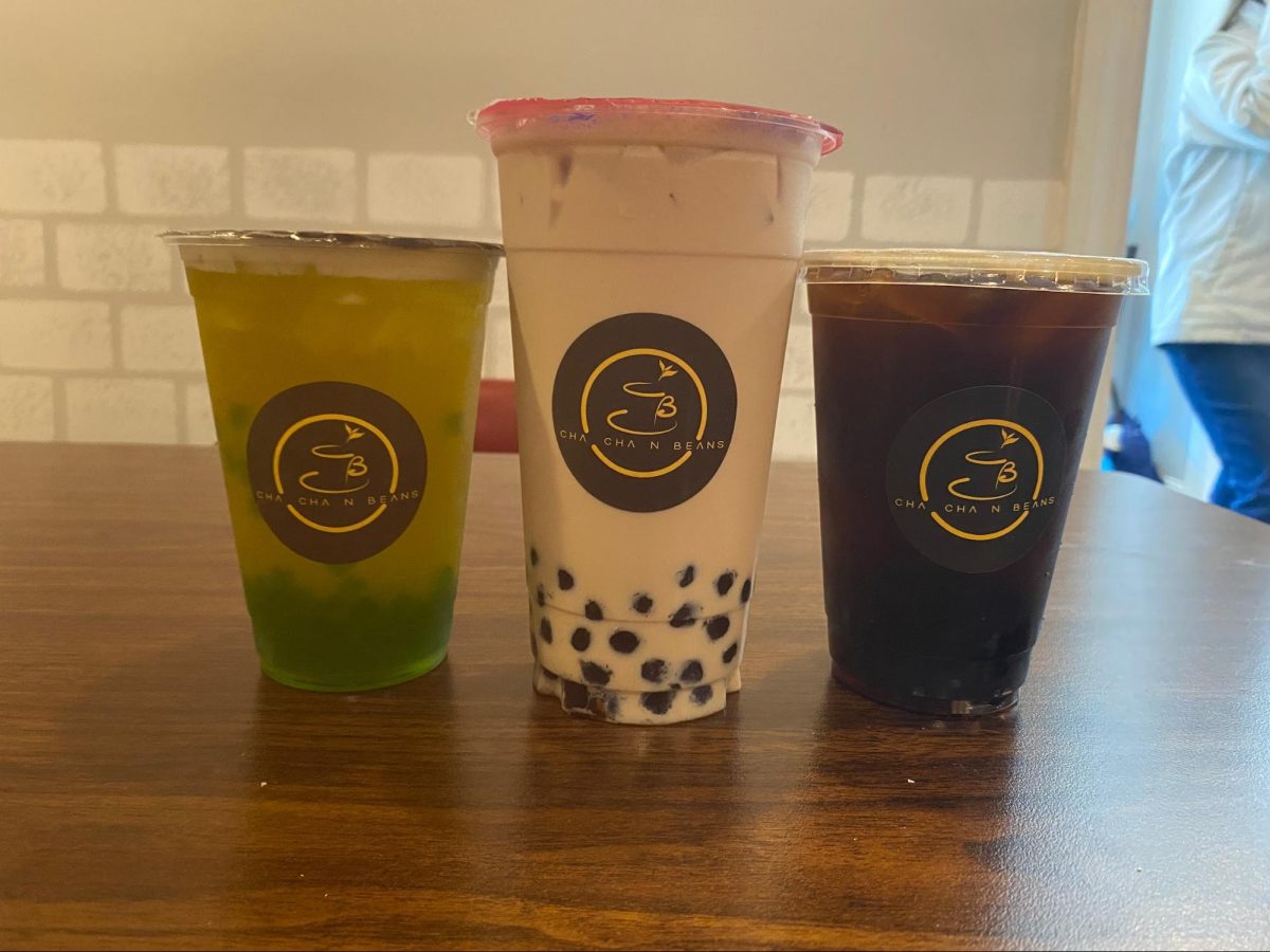 Staff writer Isabella Wu reviews Cha Cha N Bean located in downtown Westborough. Left: passion fruit green tea with green tea jelly. Middle: brown sugar boba milk tea. Right: iced coffee with coffee jelly.