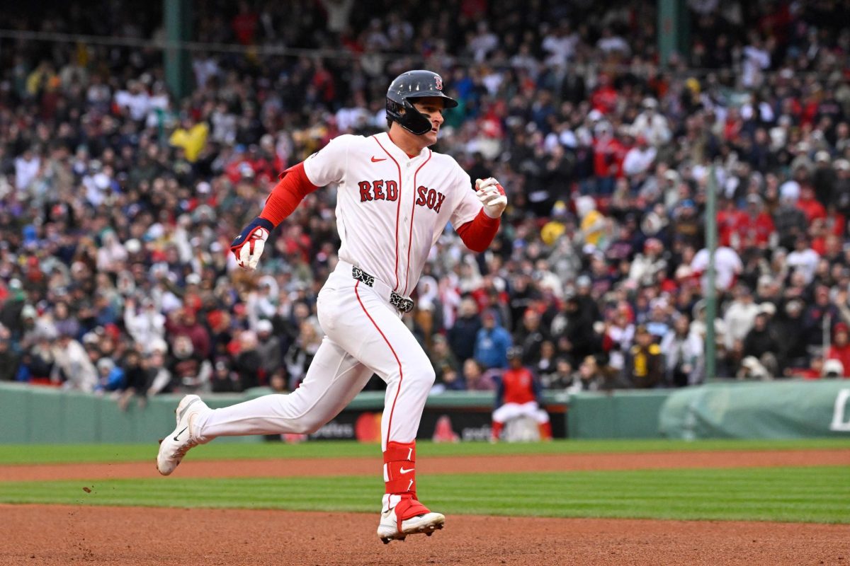 Apr 4, 2026; Foxborough, Massachusetts, USA; Boston Red Sox designated hitter Roman Anthony (19) runs to third base during the fifth inning against the San Diego Padres at Fenway Park. Mandatory Credit: Eric Canha-Imagn Images