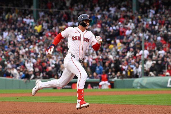 Apr 4, 2026; Foxborough, Massachusetts, USA; Boston Red Sox designated hitter Roman Anthony (19) runs to third base during the fifth inning against the San Diego Padres at Fenway Park. Mandatory Credit: Eric Canha-Imagn Images